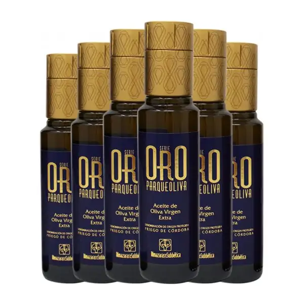 Aceite de Oliva Almazaras de la Subbética Parqueoliva Priego de Córdoba Edición Oro, AOVE Virgen Extra Botellín Miniatura 10 cl Vidrio (Caja de 6 unidades)