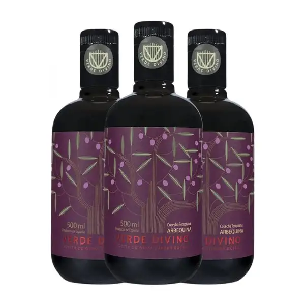Aceite de Oliva Verde Divino Arbequina Cosecha Temprana, AOVE Virgen Extra Botella Medium 50 cl (Caja de 3 unidades)