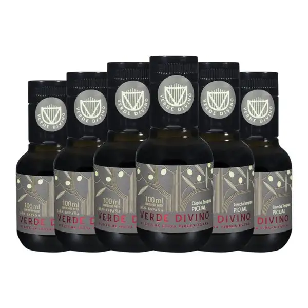 Aceite de Oliva Verde Divino Picual Cosecha Temprana, AOVE Virgen Extra Botellín Miniatura 10 cl (Caja de 6 unidades)