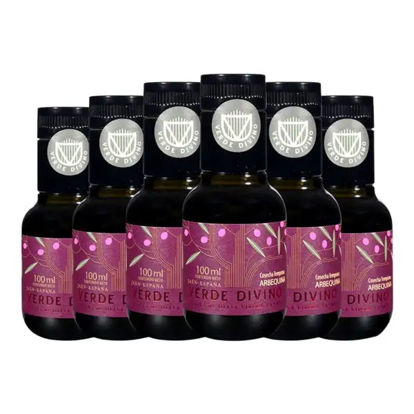 Aceite de Oliva Verde Divino Arbequina Cosecha Temprana, AOVE Virgen Extra Botellín Miniatura 10 cl (Caja de 6 unidades)