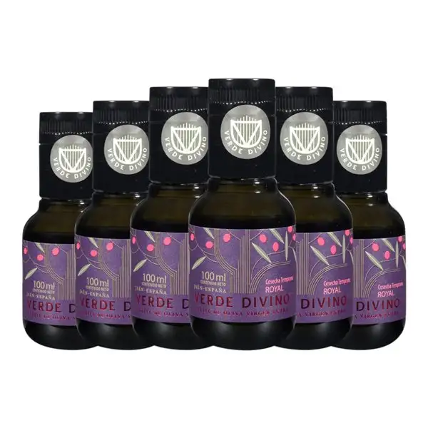 Aceite de Oliva Verde Divino Royal Cosecha Temprana, AOVE Virgen Extra Botellín Miniatura 10 cl (Caja de 6 unidades)